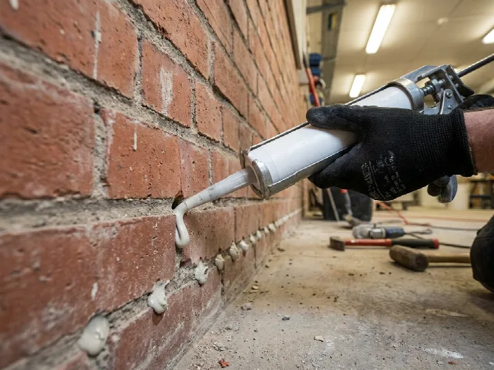 Injection d’une barrière étanche à la base d’un mur en brique